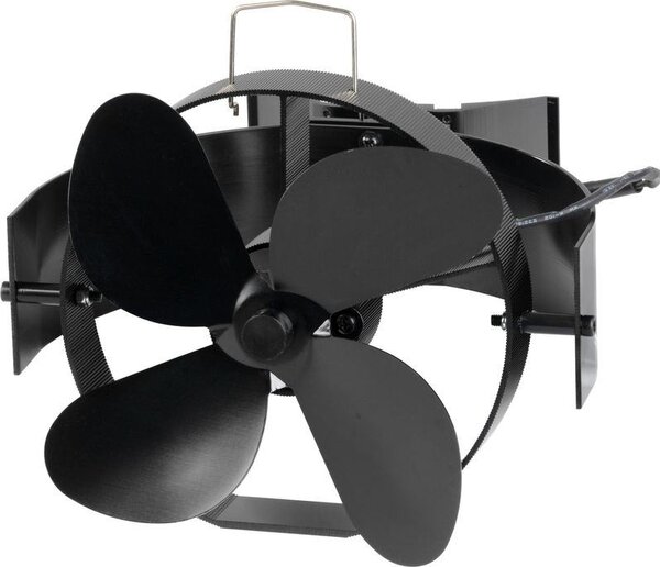 Ventilátor Strend Pro, krbový, s úchytom na dymovod a magnetom, poháňaný teplom, 4-lopatkový, čierny