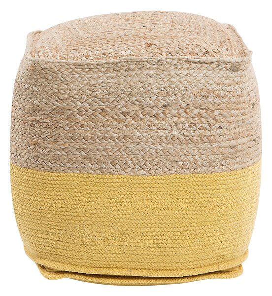 Puf taburetka žltá jutová s výplňou z polystyrénového granulátu štvorcový puf 44 x 44 cm boho štýl