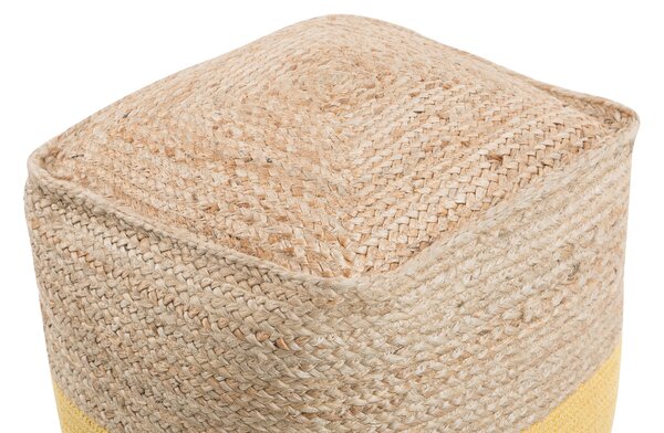 Puf taburetka žltá jutová s výplňou z polystyrénového granulátu štvorcový puf 44 x 44 cm boho štýl