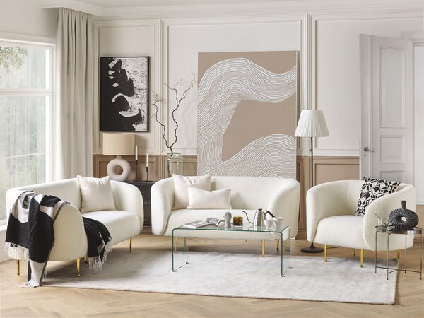 Sedacia súprava biela buklé čalúnenie zlaté nohy zaoblené operadlo 3-miestna pohovka 2 kreslá retro glamour art deco štýl