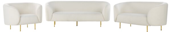 Sedacia súprava biela buklé čalúnenie zlaté nohy zaoblené operadlo 3-miestna pohovka 2 kreslá retro glamour art deco štýl