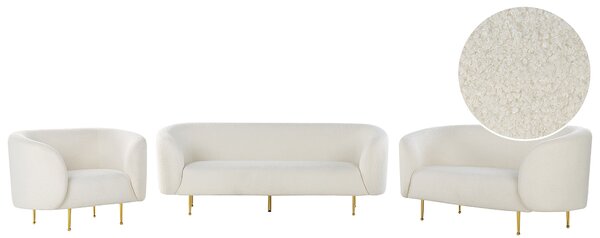 Sedacia súprava biela buklé čalúnenie zlaté nohy zaoblené operadlo 3-miestna pohovka 2 kreslá retro glamour art deco štýl
