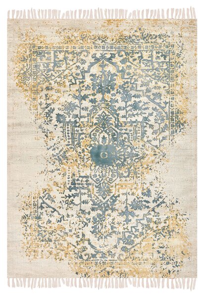 Koberec žltý zelený a béžový viskózový 140 x 200 cm orientálny vzor vintage dizajn obývacia izba spálňa