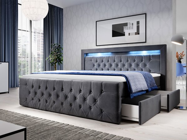 Boxspringová posteľ s LED osvetlením a dvomi zásuvkami 180x200 DELBIN - šedá + topper ZDARMA