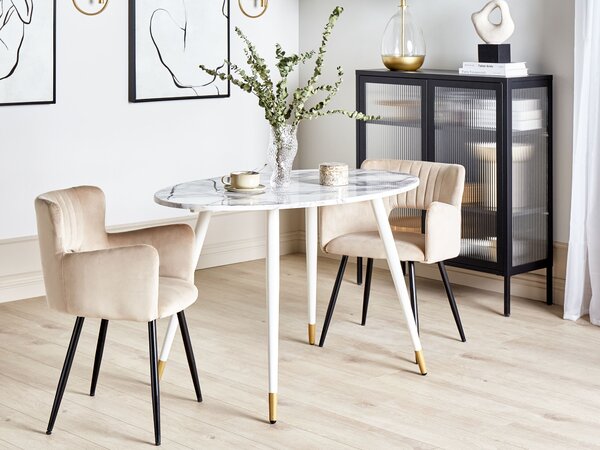 Jedálenský stôl biely mramorový efekt doska z MDF 120 x 70 cm kovové nohy lesklý povrch oválny glamour