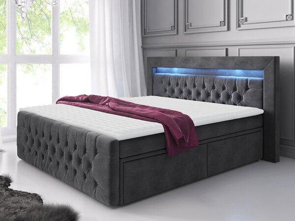 Boxspringová posteľ s LED osvetlením a dvomi zásuvkami 180x200 DELBIN - šedá + topper ZDARMA