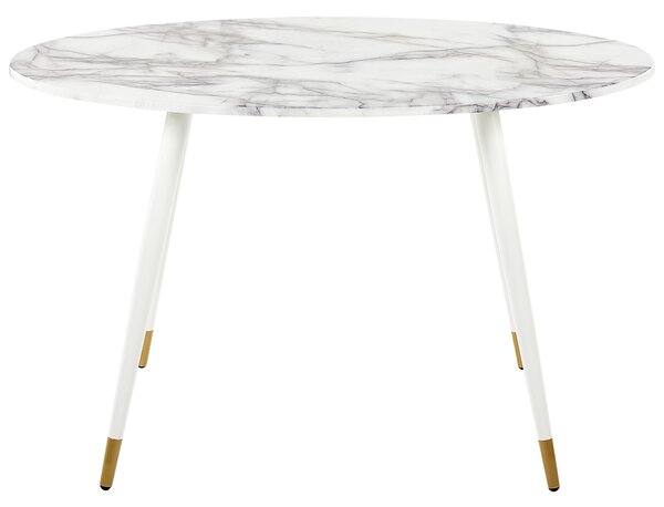 Jedálenský stôl biely mramorový efekt doska z MDF 120 x 70 cm kovové nohy lesklý povrch oválny glamour