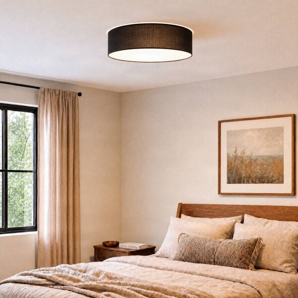 Milagro Lighting Stropné svietidlo Marshall, čierne, Ø 50 cm, kov/ratan, Čierna, Obývacia izba / jedáleň, Drevo, Moderný, Závesné svietidlo