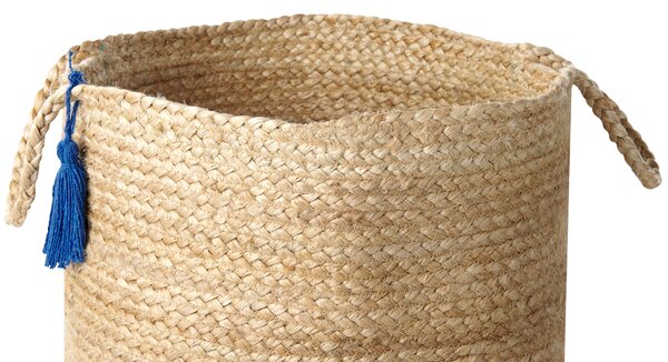 Súprava 2 úložných košov námornícka modrá a prírodná bavlna juta 50 cm koše na bielizeň boho štýl