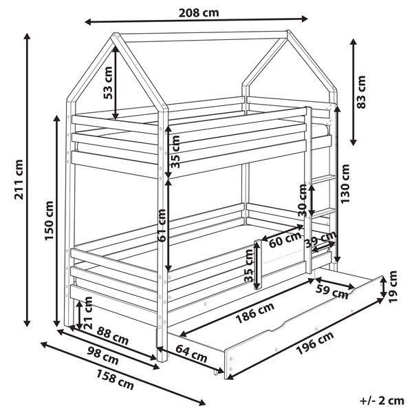 Poschodová posteľ so zásuvkami svetlohnedá borovicové drevo 90 x 200 cm domček s rebríkom detská izba