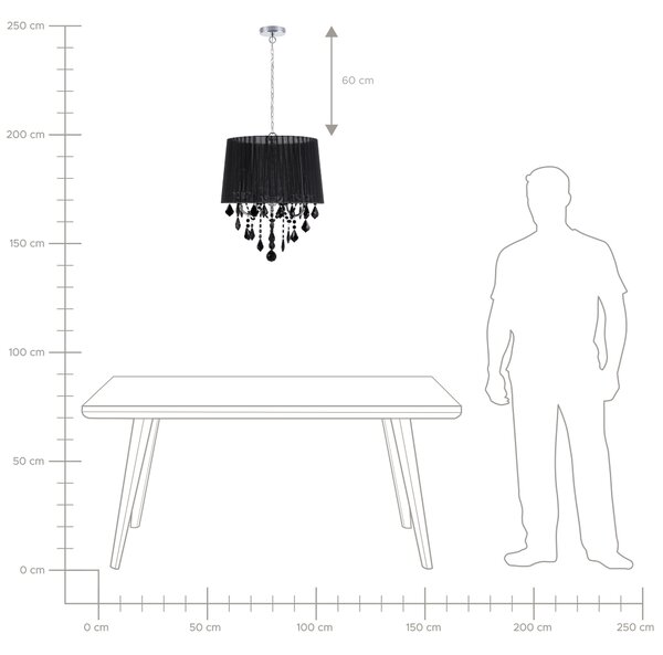 Závesná lampa čierna s 3 žiarovkami čierne látkové tienidlo s visiacimi kryštálikmi