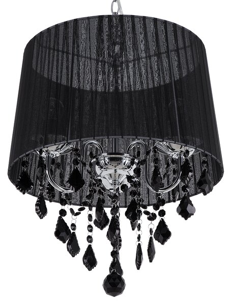 Závesná lampa čierna s 3 žiarovkami čierne látkové tienidlo s visiacimi kryštálikmi