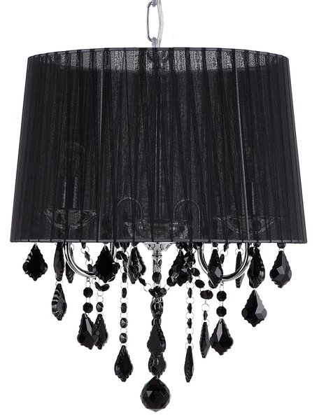Závesná lampa čierna s 3 žiarovkami čierne látkové tienidlo s visiacimi kryštálikmi