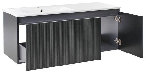 Závesná kúpeľňová skrinka s umývadlom čierna MDF 120 cm s 2 zásuvkami a skrinkou úložný priestor moderný štýl kúpeľňa