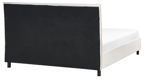 Posteľ béžová látkové čalúnenie 160 x 200 cm nohy zo svetlého dreva lamelový rošt s čelom moderný škandinávsky štýl spálňa