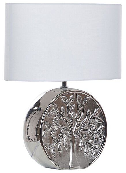 Stolná lampa strieborná keramická 49 cm s tienidlom podstavec s motívom stromu elegantný dizajn spálňa obývacia izba