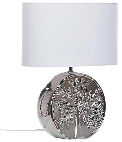Stolná lampa strieborná keramická 49 cm s tienidlom podstavec s motívom stromu elegantný dizajn spálňa obývacia izba