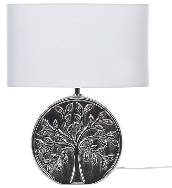 Stolná lampa strieborná keramická 49 cm s tienidlom podstavec s motívom stromu elegantný dizajn spálňa obývacia izba