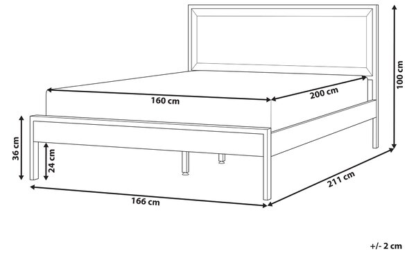 Posteľ prírodná akácia 160 x 200 cm rám postele s čelom lamelový rošt čierne kovové nohy