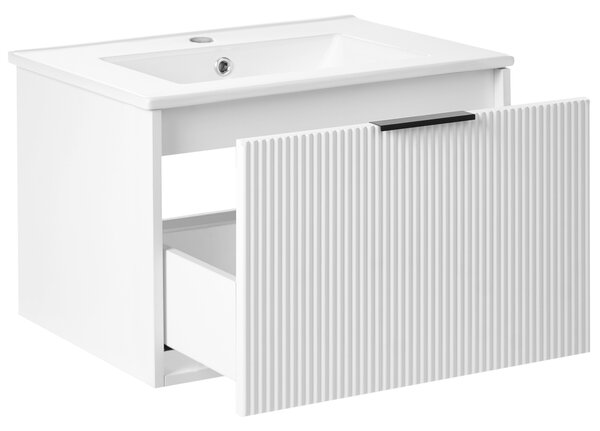 Závesná kúpeľňová skrinka s umývadlom biela s čiernym úchytom MDF 60 cm s 2 zásuvkami úložný priestor moderný štýl kúpeľňa