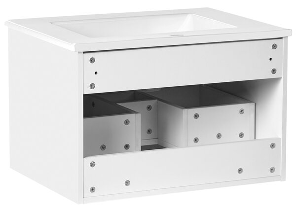 Závesná kúpeľňová skrinka s umývadlom biela s čiernym úchytom MDF 60 cm s 2 zásuvkami úložný priestor moderný štýl kúpeľňa