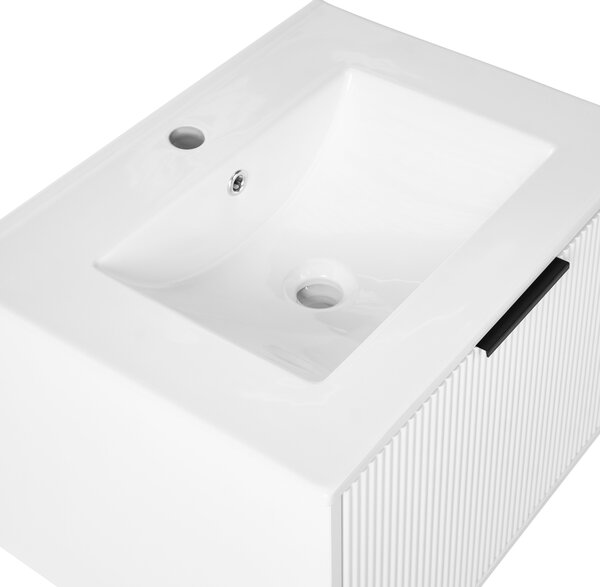 Závesná kúpeľňová skrinka s umývadlom biela s čiernym úchytom MDF 60 cm s 2 zásuvkami úložný priestor moderný štýl kúpeľňa