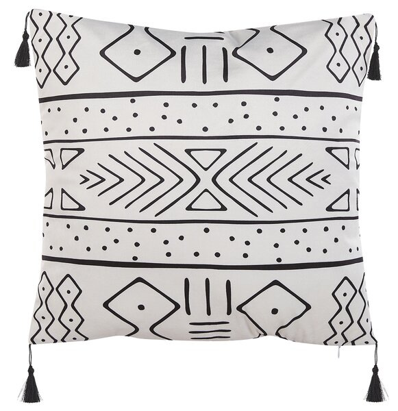 Sada 2 dekoratívnych vankúšov čierna biela zamat 45 x 45 cm geometrický vzor so strapcami štvorcový tvar boho moderný štýl doplnky