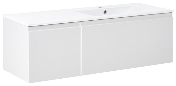 Závesná kúpeľňová skrinka s keramickým umývadlom svetlosivá spracované drevo 120 cm s 2 zásuvkami moderný dizajn