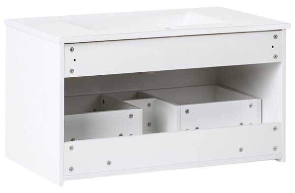 Závesná kúpeľňová skrinka s umývadlom biela so zlatým úchytom MDF 80 cm s 2 zásuvkami úložný priestor moderný štýl kúpeľňa