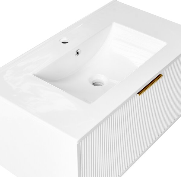 Závesná kúpeľňová skrinka s umývadlom biela so zlatým úchytom MDF 80 cm s 2 zásuvkami úložný priestor moderný štýl kúpeľňa