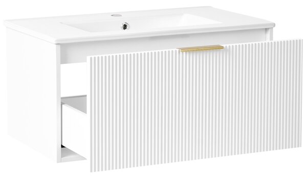 Závesná kúpeľňová skrinka s umývadlom biela so zlatým úchytom MDF 80 cm s 2 zásuvkami úložný priestor moderný štýl kúpeľňa