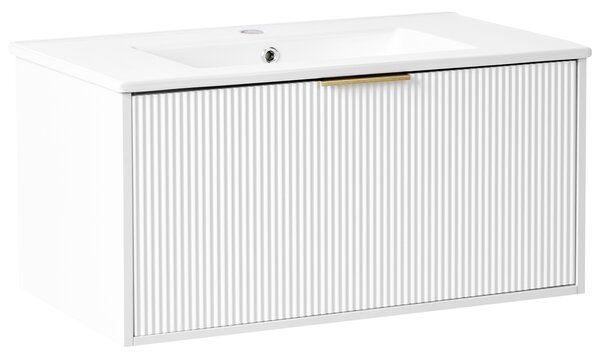 Závesná kúpeľňová skrinka s umývadlom biela so zlatým úchytom MDF 80 cm s 2 zásuvkami úložný priestor moderný štýl kúpeľňa