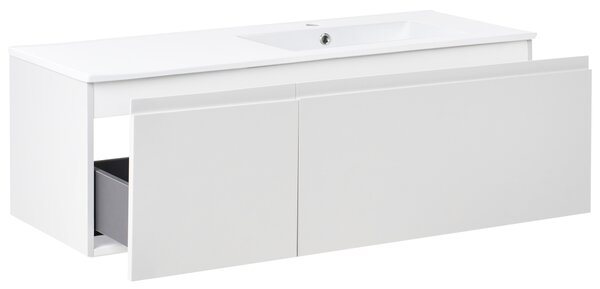 Závesná kúpeľňová skrinka s keramickým umývadlom svetlosivá spracované drevo 120 cm s 2 zásuvkami moderný dizajn