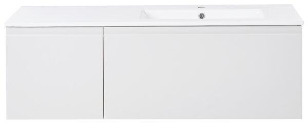 Závesná kúpeľňová skrinka s keramickým umývadlom svetlosivá spracované drevo 120 cm s 2 zásuvkami moderný dizajn