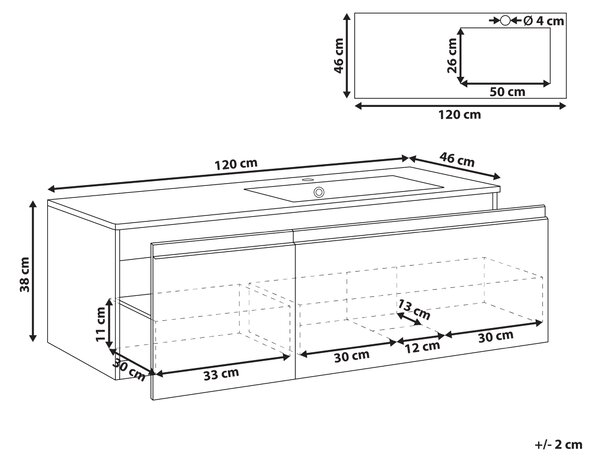 Závesná kúpeľňová skrinka s keramickým umývadlom svetlosivá spracované drevo 120 cm s 2 zásuvkami moderný dizajn