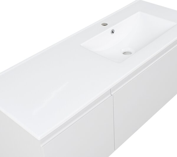 Závesná kúpeľňová skrinka s keramickým umývadlom svetlosivá spracované drevo 120 cm s 2 zásuvkami moderný dizajn