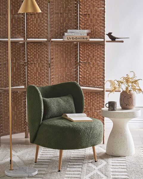 Kreslo tmavozelené buklé čalúnenie svetlé drevené nohy zaoblené operadlo retro glamour art deco štýl obývačka spálňa