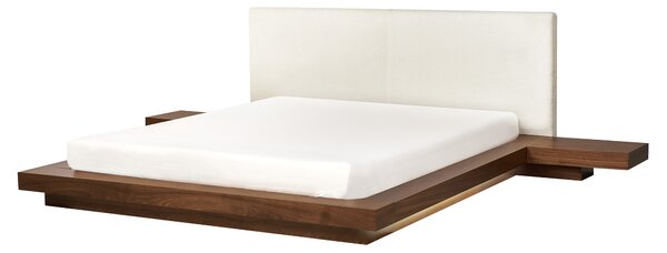 Posteľ v japonskom štýle hnedý jaseň 160 x 200 cm nízky drevený rám postele z MDF buklé čelo nočné stolíky LED osvetlenie