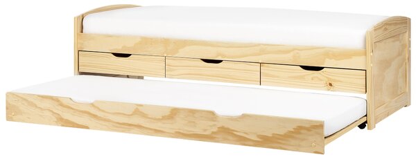 Rozkladacia posteľ svetlohnedá borovicové drevo 90 x 200 cm s výsuvným lôžkom úložný priestor zásuvky detská izba spálňa