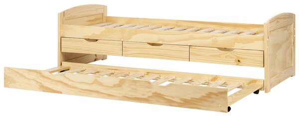 Rozkladacia posteľ svetlohnedá borovicové drevo 90 x 200 cm s výsuvným lôžkom úložný priestor zásuvky detská izba spálňa