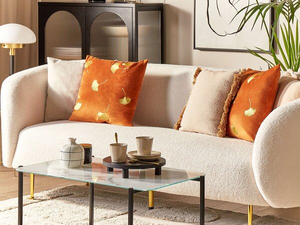 Sada 2 dekoratívnych vankúšov oranžová zlatá zamatová 45 x 45 cm potlač listov elegantný dizajn