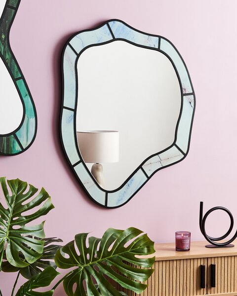 Nástenné zrkadlo svetlomodré MDF sklenený rám 64 x 86 cm asymetrické moderný štýl obývacia izba chodba