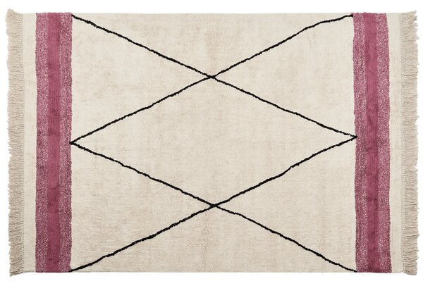 Koberec béžový a ružový bavlnený 160 x 230 cm obdĺžnikový so strapcami geometrický vzor boho štýl