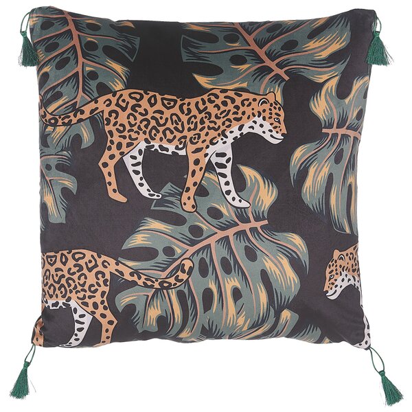 Sada 2 dekoratívnych vankúšov čierna viacfarebná polyester 45 x 45 cm štvorcový tvar zvierací vzor motív leoparda so strapcami glamour štýl