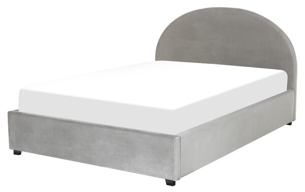 Posteľ s úložným priestorom sivá zamatová čalúnená 160 x 200 cm zaoblené čelo minimalistický retro dizajn spálňa