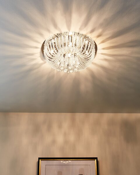 Luster strieborný železný závesná lampa s krištáľmi chrómovaný povrch glamour štýl obývacia izba jedáleň