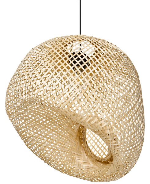 Závesná lampa prírodná bambusové tienidlo nepravidelný tvar pletený dizajn osvetlenie boho štýl obývacia izba jedáleň