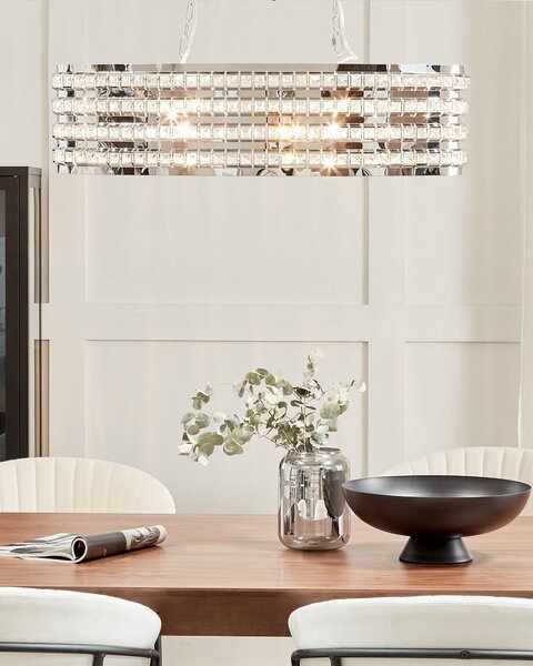 Závesná lampa strieborná kov krištáľ oválny tvar 108 cm chromovaný povrch moderný glamour štýl obývačka