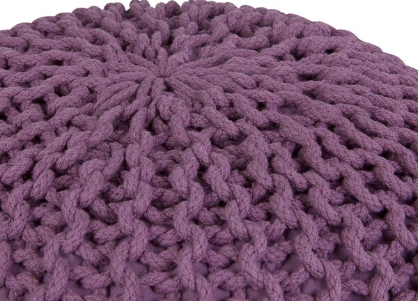 Puf taburetka fialová okrúhla bavlnená 50 x 35 cm pletená podnožka výplň z polystyrénového granulátu