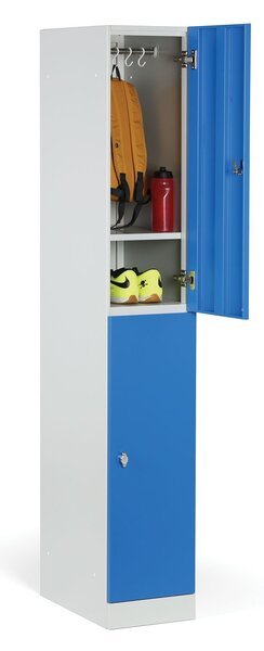 Šatníková skrinka s úložnými boxmi, 2 boxy, 1850 x 300 x 500 mm, cylindrický zámok, laminované dvere, dub prírodný